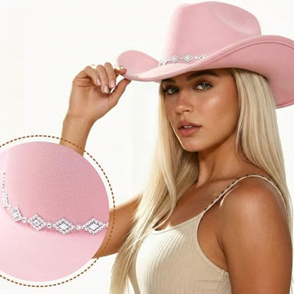 DRESHOW Women's Western Cowboy Hat Rhinestone Cowboy Cowgirl Hat Glitter Wide Brim Felt Fedora Hats Unisex Rolled up Caps - color: 1 Pack Style 11: Light Pink