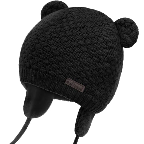 Duoyeree Baby Winter Hat, Bear Knit Earflaps Cotton Lined for Toddler Kids - color: Black, size: 6-12 Months