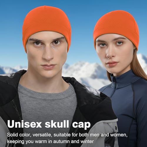 2 Pack Thermal Skull Caps for Men Women Wind-Resistant Fleece Beanie Hats Cold Weather Helmet Liners for Cycling - color: Black+orange