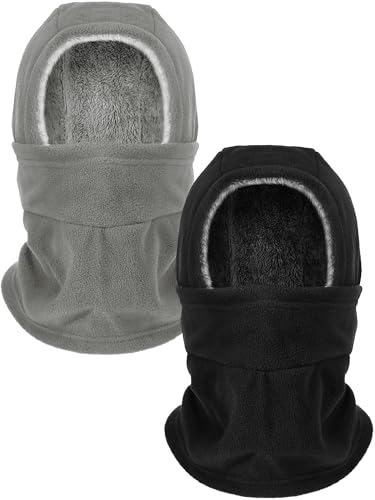 Geyoga Winter Fleece Balaclava Hat for Men Women Full Face Covering Scarf Hood Ski Mask with Drawstring - color: Black, Light Grey