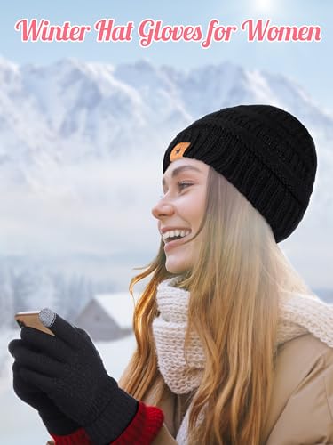 JaGely 6 Pcs Women Winter Beanie Hat Gloves Set Warm Knitted Hats and Touchscreen Gloves Lady Cold Winter Gifts for Christmas - color: Black, Pink, Red