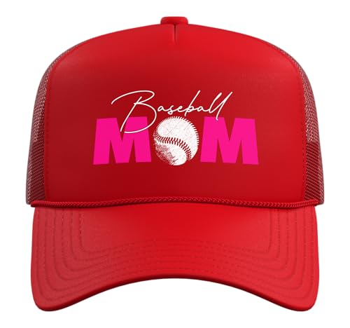 Baseball Mom Trucker Hat with Adjustable Mesh Back - color: Red