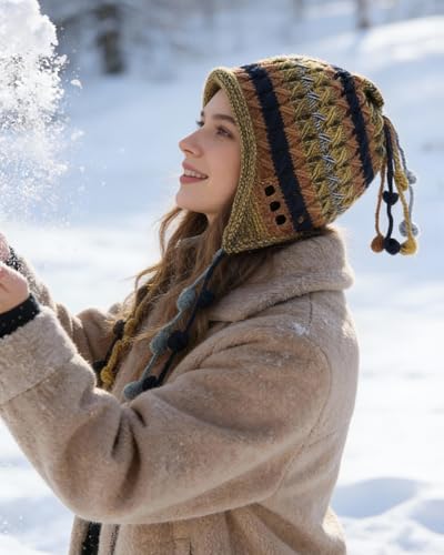 MINGSEECESS Women Girls Knitted Beanie Hat Crochet Braided Knit Warmer Cap Skiing Snowboarding Ear Flap Hats - color: Yellow-orange