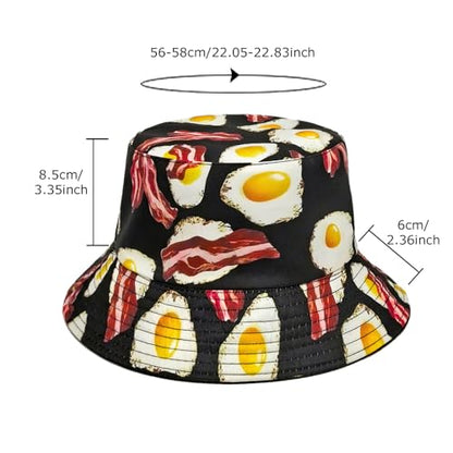 Printed Bucket Hat - Reversible Packable Summer Travel Beach Sun Cap for Men Women Teens - color: Bacon Egg