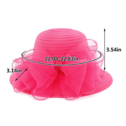 Haoohu Women's Church Derby Hat Wide Brim Bow Bucket Hat Wedding Dress Hat Fascinator Bridal Tea Party Hat - color: Rose Red