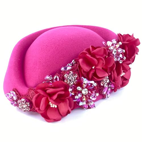 Petaluna Women's Flower Beret Suitable for Church Wearing Elegant Breathable Wedding Party Retro French Headdress - color: Rose Red