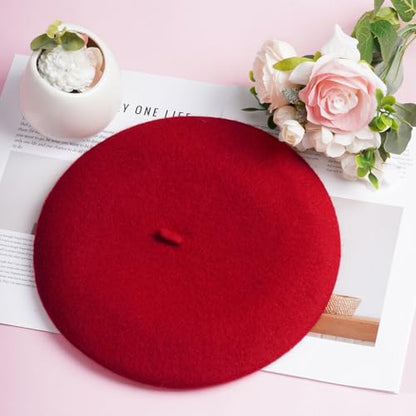 1Pcs French Beret Hats Solid Classic Beret Beanie Hats for Women Teens - color: Red