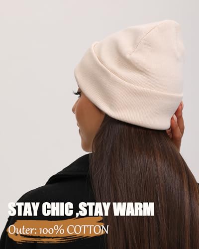 Satin Lined Knit Beanie Hat-100% Cotton Winter Hats for Women Men - color: 1-beige