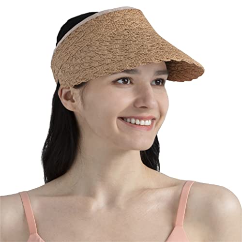 SUN CUBE Women Sun Visor Hat, Straw Beach Hat Wide Brim UV Protection, Foldable Packable Cap, Roll Up Ponytail Summer Visor - color: Brown