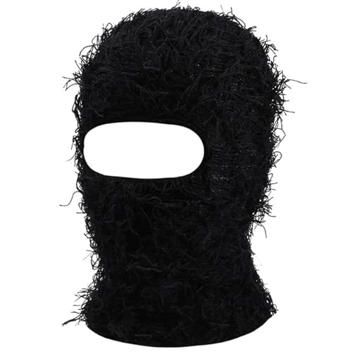 KORADI Women's Balaclava Mens Distressed Tassel Knit Hat Ski Full Face Masks Hats Winter Heart Embroidery Y2k Beanies - color: Solid Black