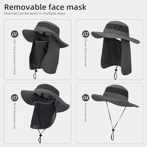 Fishing Hat, UPF 50+ Sun Cap with Detachable Mask - color: Dark Grey