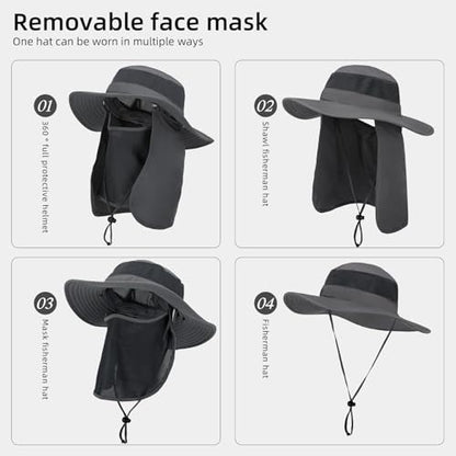 Fishing Hat, UPF 50+ Sun Cap with Detachable Mask - color: Dark Grey