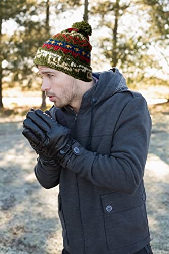 TINKUY Peru Alpaca Wool Winter Beanie, Handmade Bobble Hat, Unisex, One Size - color: Military