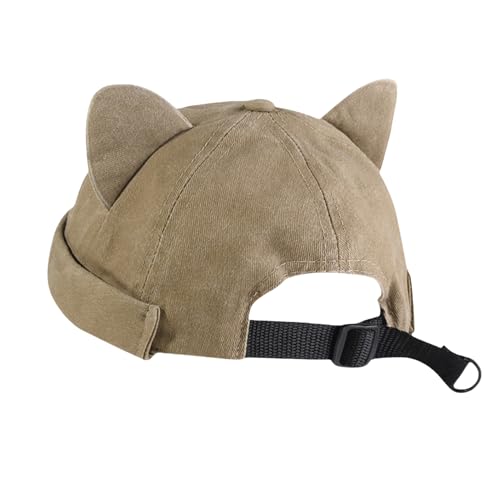 Cute Cat Ear Beanie Hats for Women Men Washed Cotton Brimless Docker Cap Retro Rolled Cuff Skull Cap - color: Khaki