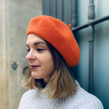 Wheebo Wool Beret Hat,Solid Color French Style Winter Warm Cap for Women Girls Lady - color: Tangerine