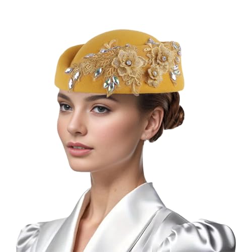 Women Vintage Church Hat Applique Felt Pillbox Hat Fascinator Tea Party Cap - color: Yellow