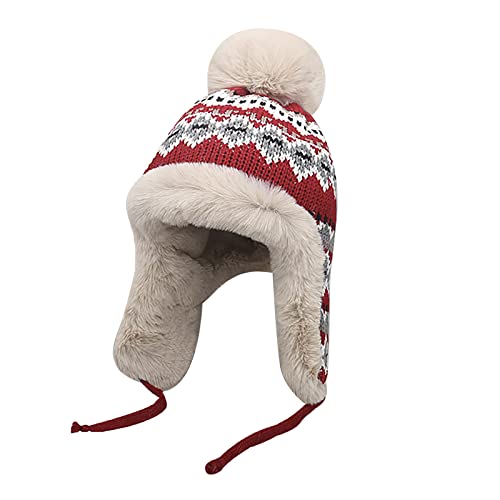 Women Winter Beanie Hat Thick Fleece Lined Warm Earflap Trapper Hat Pom Pom Jacquard Knited Outdoor Ski Snow Cap - color: Red