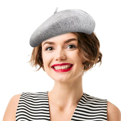 French Beret Hats for Women - Soft Warm Wool Solid Color Beanie Winter Cap - color: Light Melange Grey