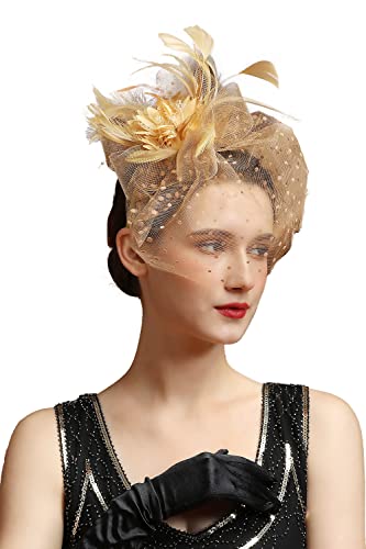 Fascinators Hat Feather Headband Women's Fascinators Tea Party Headwear with Clip Derby Hat for Girls and Women - color: 1 Gold