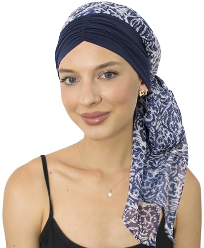 CAPLORD Chemo Headwrap for Women Turban Headwear for Cancer Patients Skull Cap Hair Loss Cover Lightweight Head Covering Hat - color: Navy Pattern