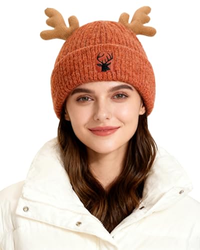RARITYUS Women Warm Hat Cute Reindeer Antlers Knitted Winter Hats Crochet Earflap Knit Cap Beanie for Adults Kids - color: Caramel