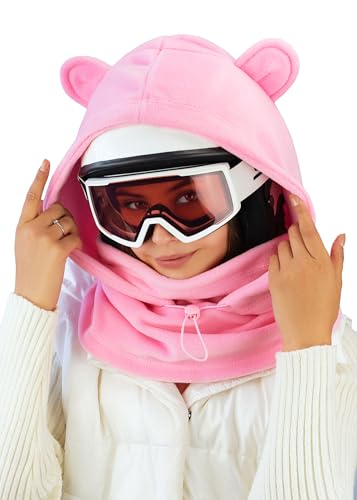 Fleece Balaclava Over Helmet - Warm Helmet Ninja Hood - Snowboard Hooded Hat Neck Gaiter Ski Mask - color: Pink-earsup, size: One Size