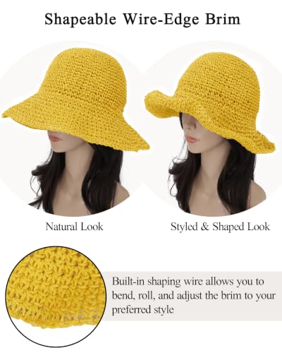 Womens Crochet Straw Sun Hat Foldable Floppy Wide Brim Beach Hat for Summer - color: Yellow