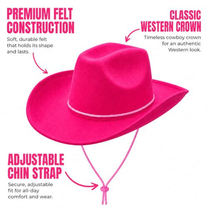 COLLECT PRESENT Plain Felt Cowboy & Cowgirl Hat for Men and Women | Western Studded Cowboy Hat in Adult Sizes - color: Fuchsia Pink
