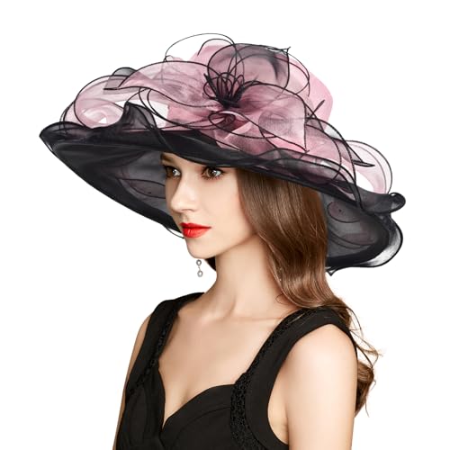 2026 Derby Hats for Women Ladies, Classy Organza Sun Hat, Church Tea Party Wedding Kentucky Fascinator Hat - color: J-2462-pink Black
