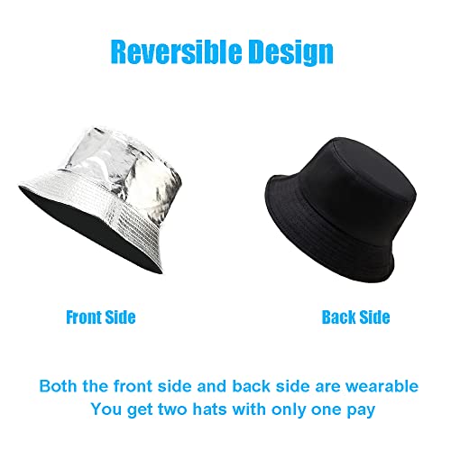 Reversible PU Leather Bucket Hats for Women Solid Color Double Wear Summer Hat Unisex - color: Silver