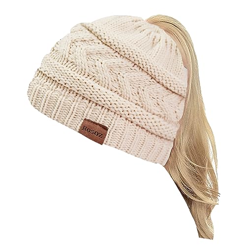 Rosoz 2 Pack Ponytail Beanie for Women,Winter Warm Beanie Tail Soft Stretch Cable Knit Messy High Bun Hat - color: 1pack-beige