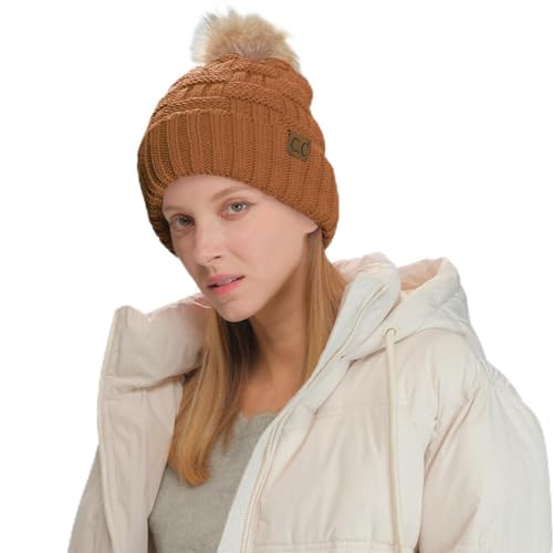 C.C Knit Beanie Hat – Fuzzy Fleece Lined Warm Winter Hat, Faux Fur Pom Soft Stretchy Slouchy Knit Cap, Cold Weather Beanie - color: Clay