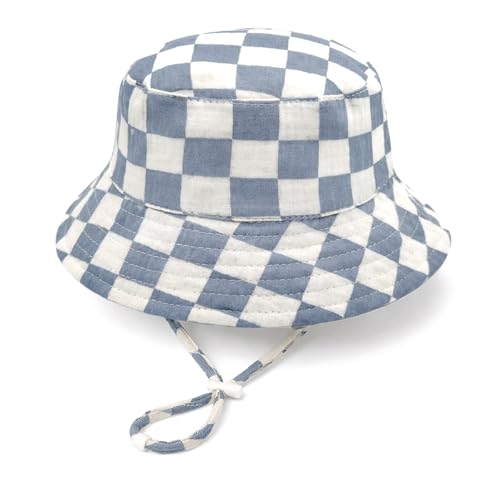 Baby Sun Hat Infant Toddler Summer Cotton Yarn Beach Bucket Hat for Boy Girl - color: Blue Checkered, size: 0-9 Months