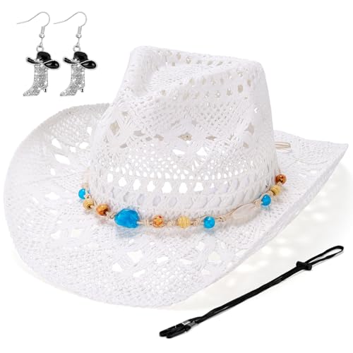 Straw Cowboy Hat for Women, Western Cowgirl Hats with Boot Earrings, Brim Summer Beach Hat - color: White