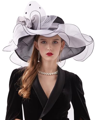 ORIDOOR Women Hats Headband Hairpin Organza Fascinator Church Hat Floral Tea Party Wedding Hat - color: 003e Black and White