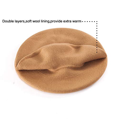 LADYBRO Rhinestone Beret Hats for Women 2 Layers Wool Knit Cap Lady Winter - color: Light Tan (Floral Pattern)