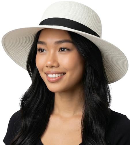 Funky Junque Wide Brim Panama Sun Hat, Womens Packable Straw - color: Ribbon Bow Trim - White