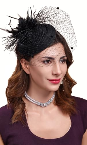Fascinators Hats for Women Pillbox Hat 20s 30s 50s Vintage Feather Headwear Bowler Flower Veil Wedding Tea Party Hat - color: X-black