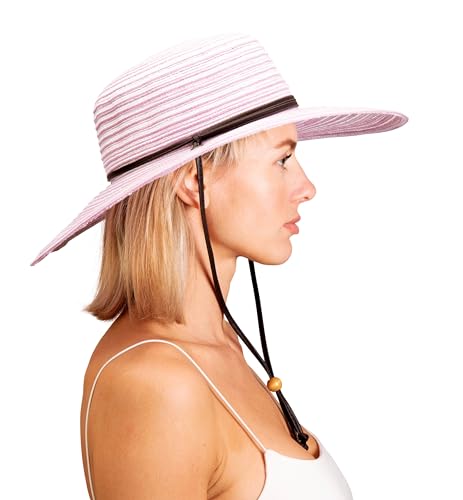 Sloggers Women's Wide Brim Braided Sun Hat with Wind Lanyard - UPF 50+ Maximum Sun Protection - color: Lavender