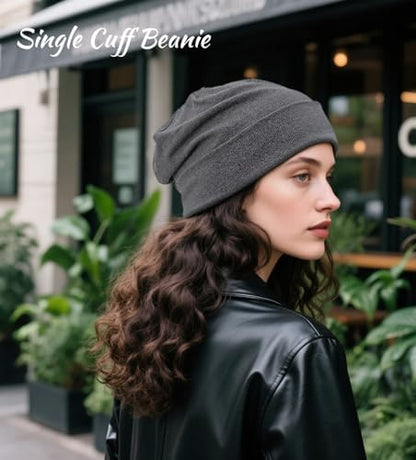 Slouchy Beanie for Women Men Thin Knit Winter Hat 93% Cotton Beanies - color: Dark Grey