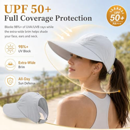 2 Pack UPF 50+ Sun Visor Hats for Women, Wide Brim Ponytail Baseball Cap, Foldable UV Protection Beach Hiking Hat