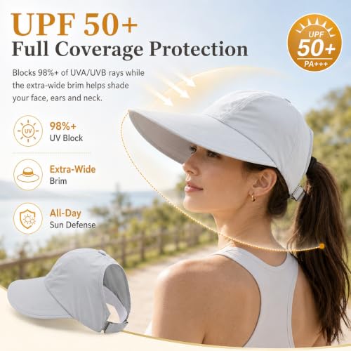 2 Pack UPF 50+ Sun Visor Hats for Women, Wide Brim Ponytail Baseball Cap, Foldable UV Protection Beach Hiking Hat White and Black