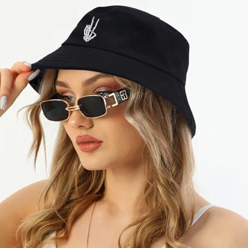 XYIYI 2 Pack Unisex Bucket Hat for Women Men Summer Beach Fishing Hat Sun Hat - color: Skull Black Beige