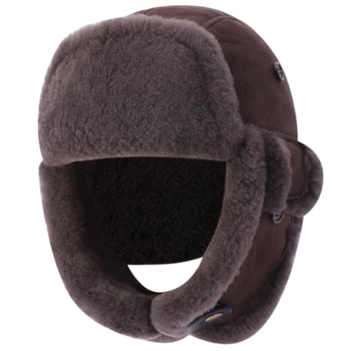 Harssidanzar Aviator Hat for Men Women Genuine Sheepskin Shearling Leather Winter Warm Trapper Hat CU603US - color: Brown, size: Large