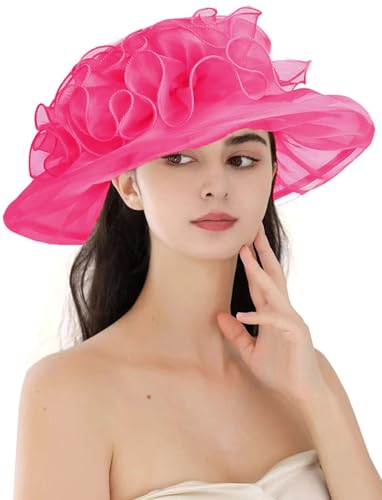 ORIDOOR Women's Organza Cloche Bowler Hat Derby Fascinator for Tea Party Bridal Wedding Hat - color: 013-rose Red
