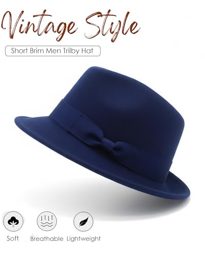 Fedora Hats for Men Women 1920s Short Brim Felt Trilby Hat - color: Navy