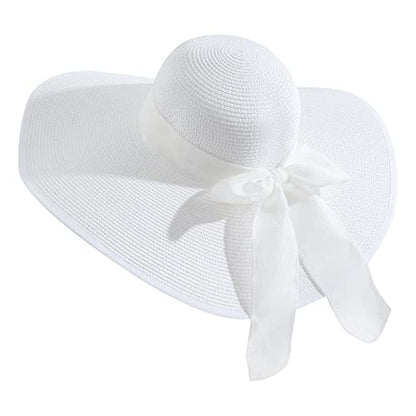 Lanzom Womens 5.7 Inches Big Bowknot Straw Hat Large Floppy Foldable Roll up Beach Cap Sun Hat UPF 50+ - color: White