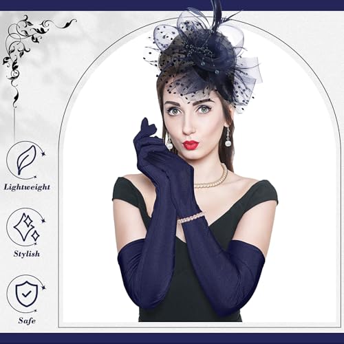Yaomiao 5 Pcs 1920s Tea Party Accessories Fascinator Hat Gloves - color: Navy Blue