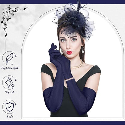 Yaomiao 5 Pcs 1920s Tea Party Accessories Fascinator Hat Gloves - color: Navy Blue
