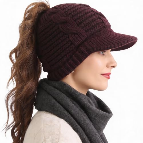 Women's BeanieTail Warm Knit Hat Messy High Bun Ponytail Visor Beanie Cap - color: B340-purple, size: Medium